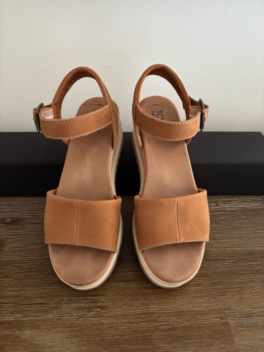 TOMS Tan Leather Platform Sandals with Ankle Strap